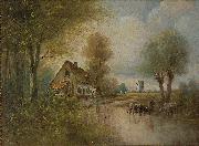 Landscape with cows small farm and windmill unknow artist
